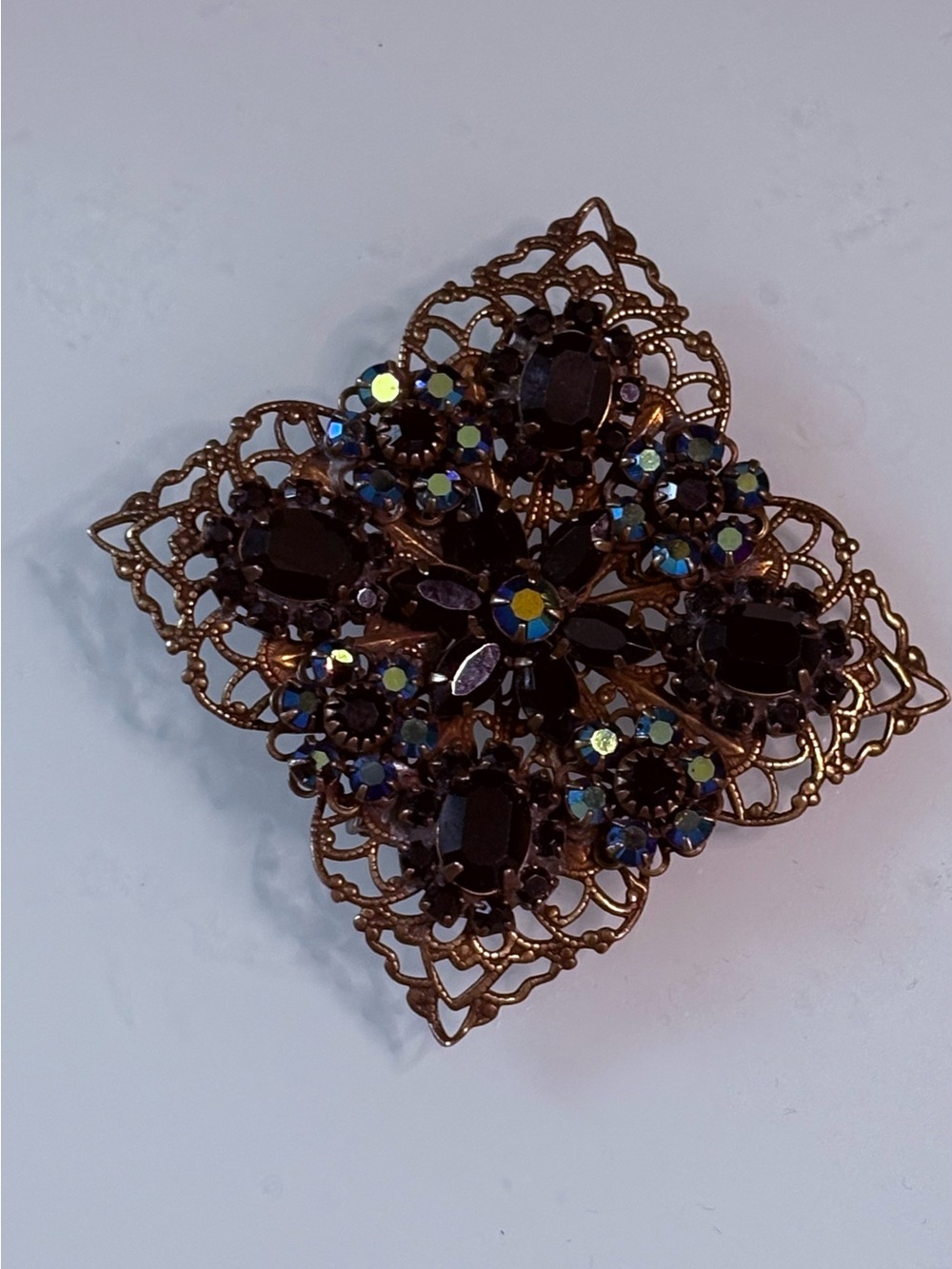 Vintage Liz Palacios SF Black AB Crystal Filigree Brooch Pin Gothic